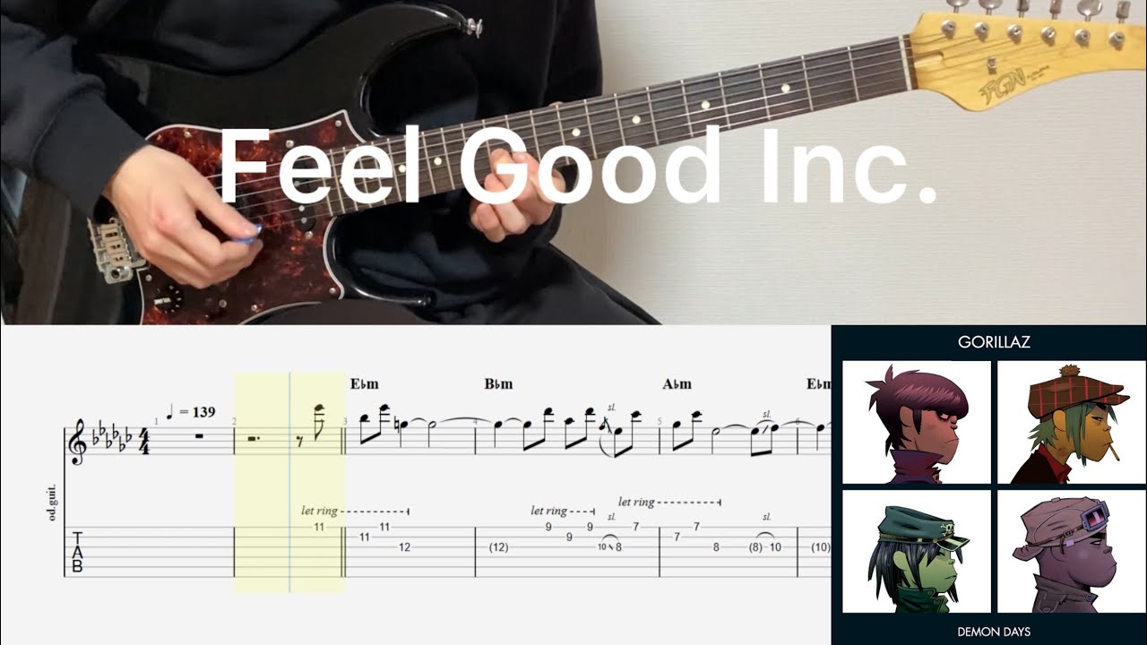 Gorillaz - Feel Good Inc. (guitar cover with tabs & chords)