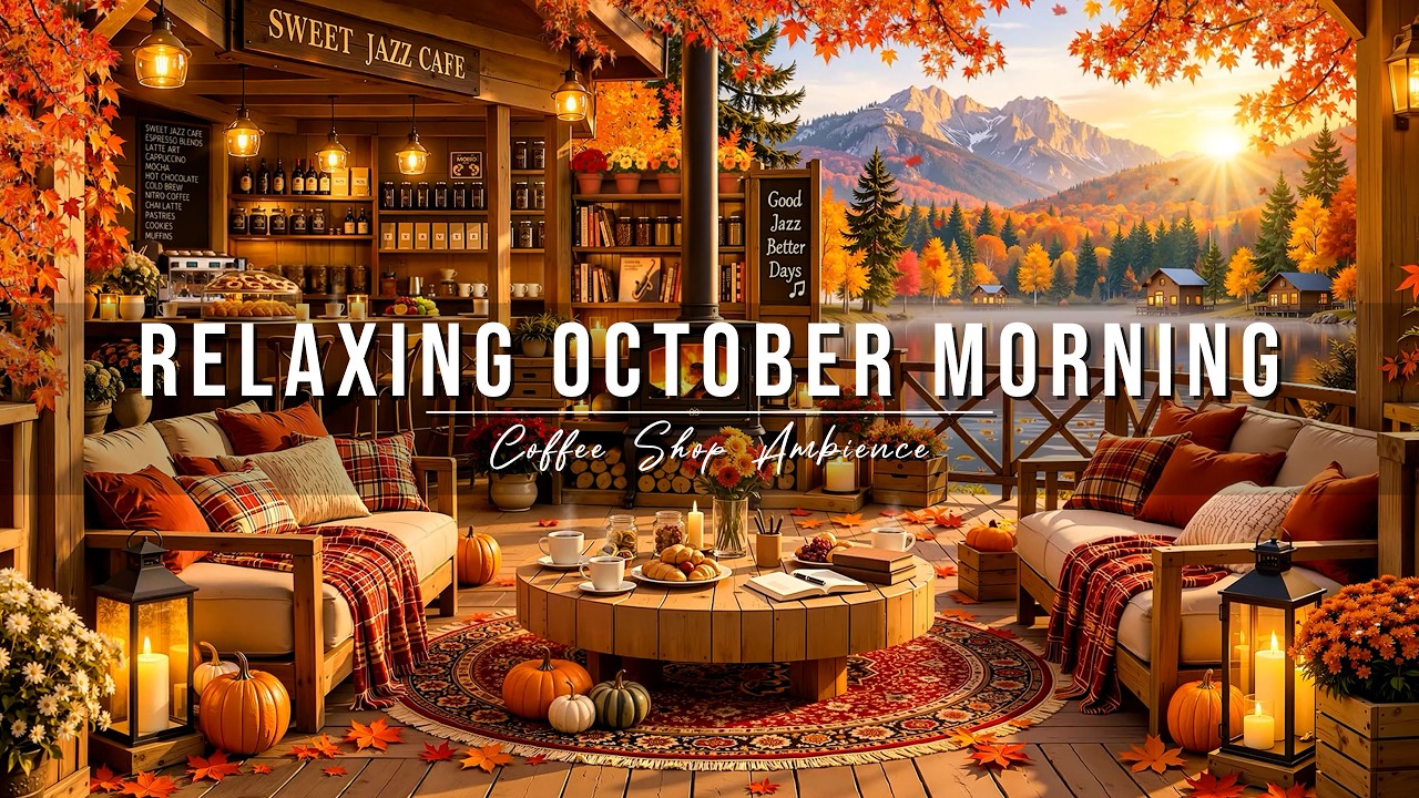 🍂Relaxing October Autumn Morning at Outdoor Coffee Shop Ambience with Soft Jazz Music for a Good Day