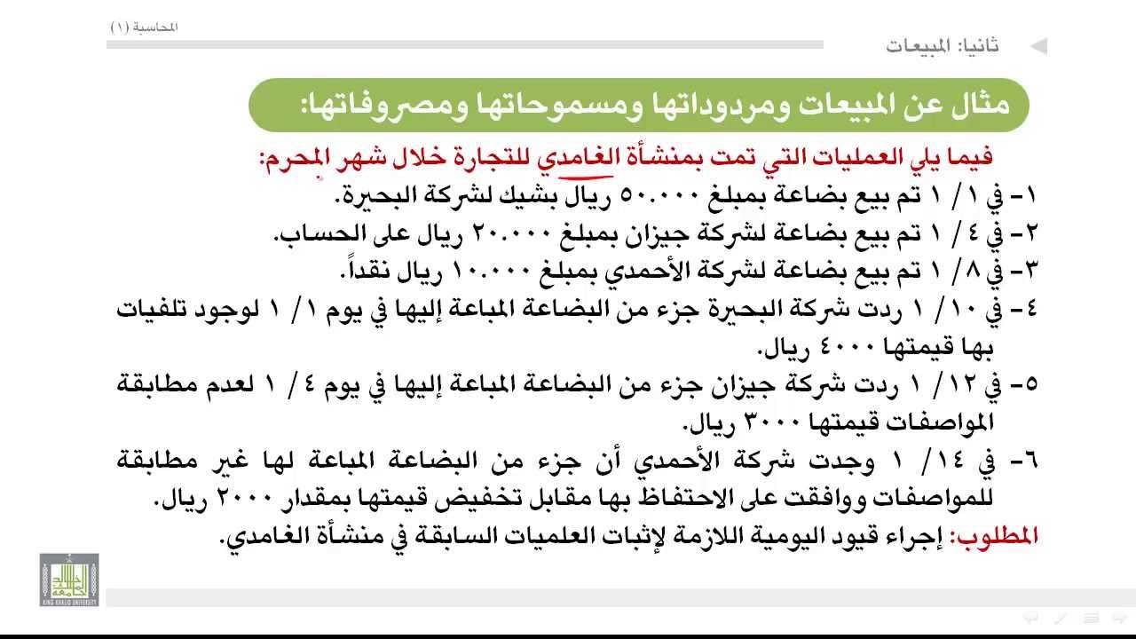 مبادئ المحاسبة - مثال عن المبيعات ومردوداتها ومسموحاتها ومصروفاتها3-2-6