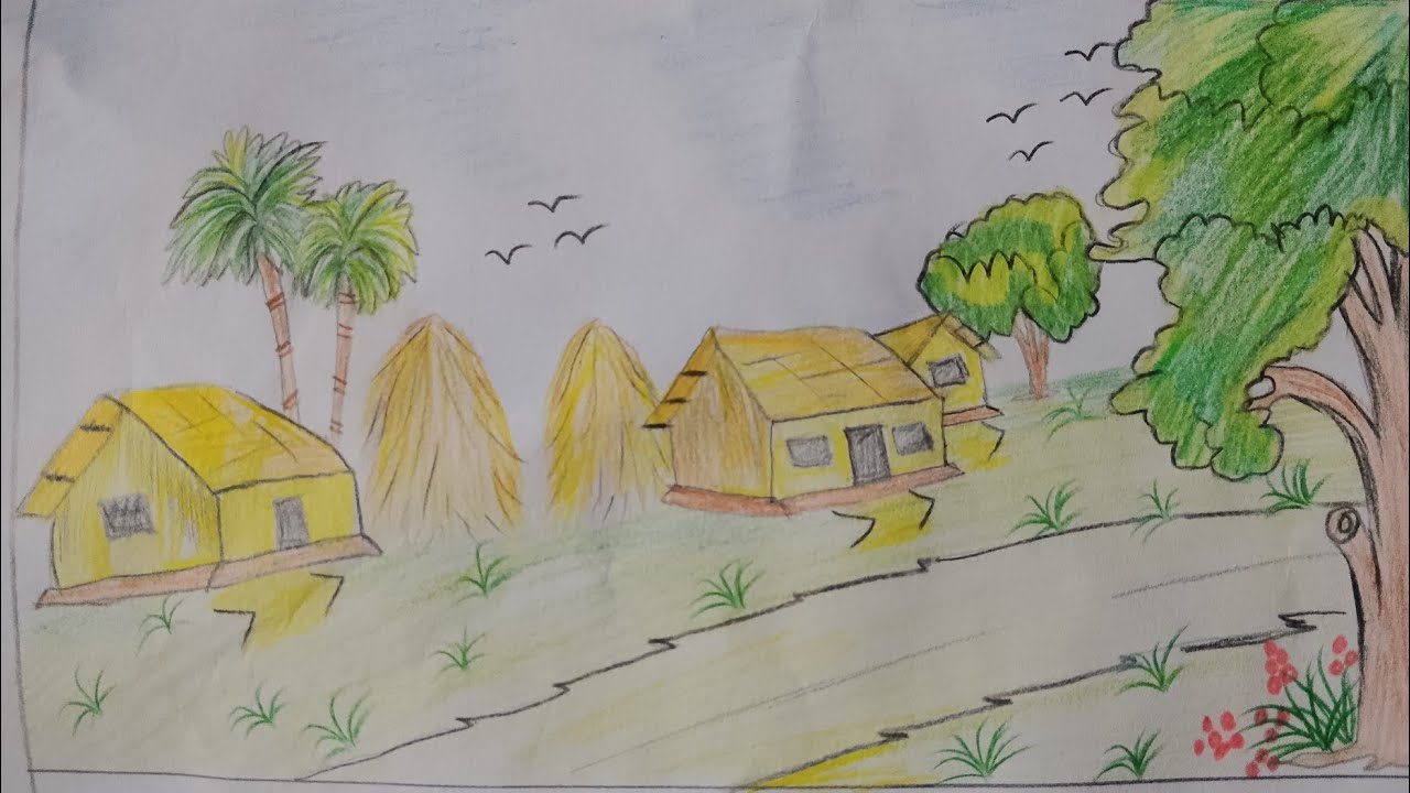 How to draw a village scenery step by step drawing Art video (very easy)