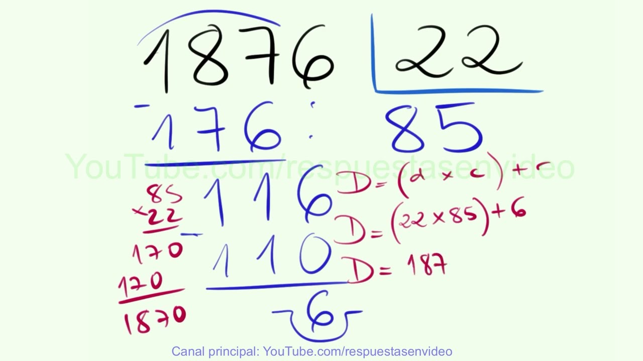 Aprender a dividir entre dos dígitos con resta con comprobación 1876 entre 22