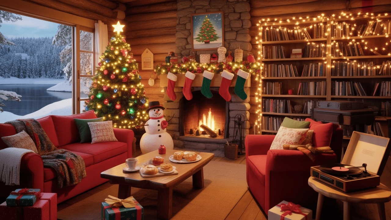 Warm Cabin Christmas Jazz 🎅 Snowfall, Firelight Glow & Peaceful Holiday Ambience for Sleep & Relax