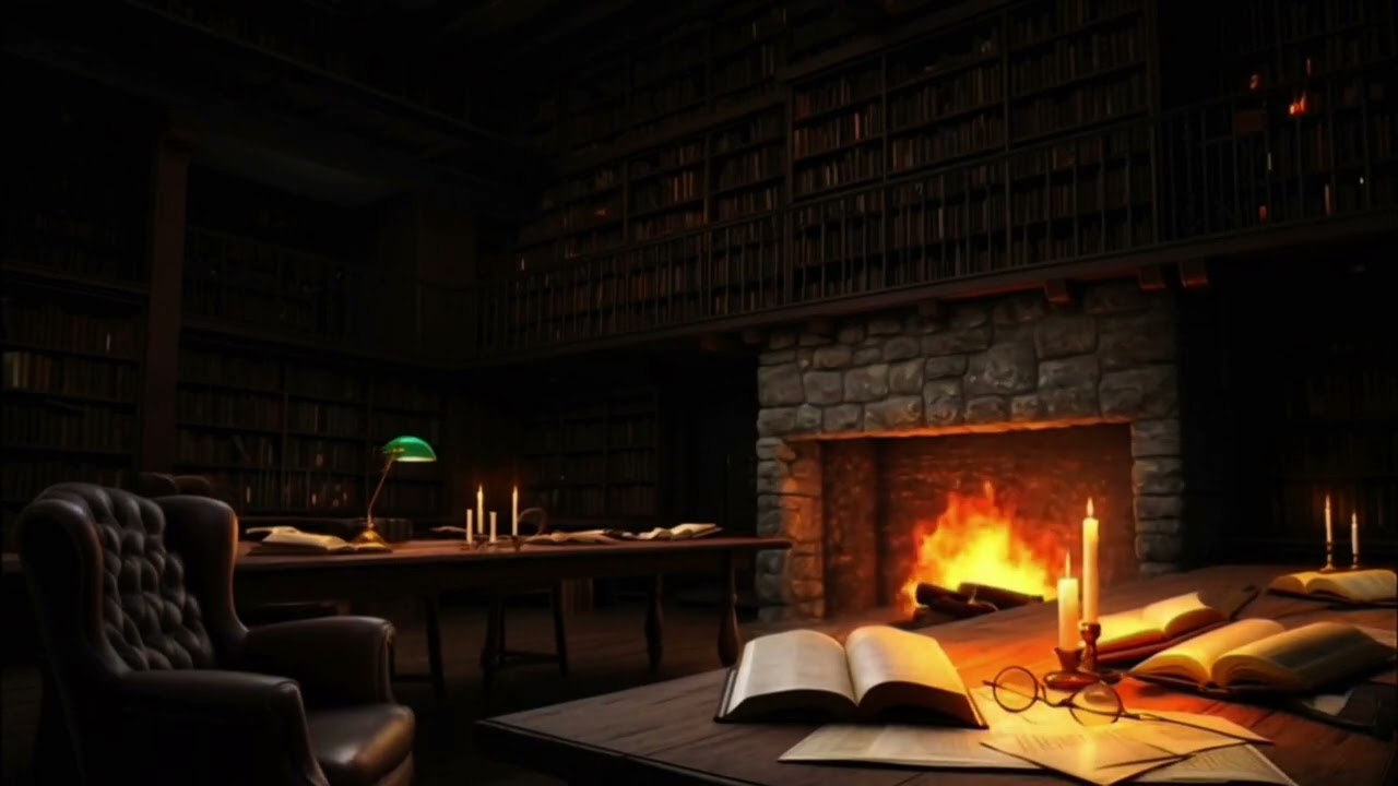 Dark Academia Fireplace at Night 🔥 | Deep Sleep, Cozy Library Ambience (4 Hours)