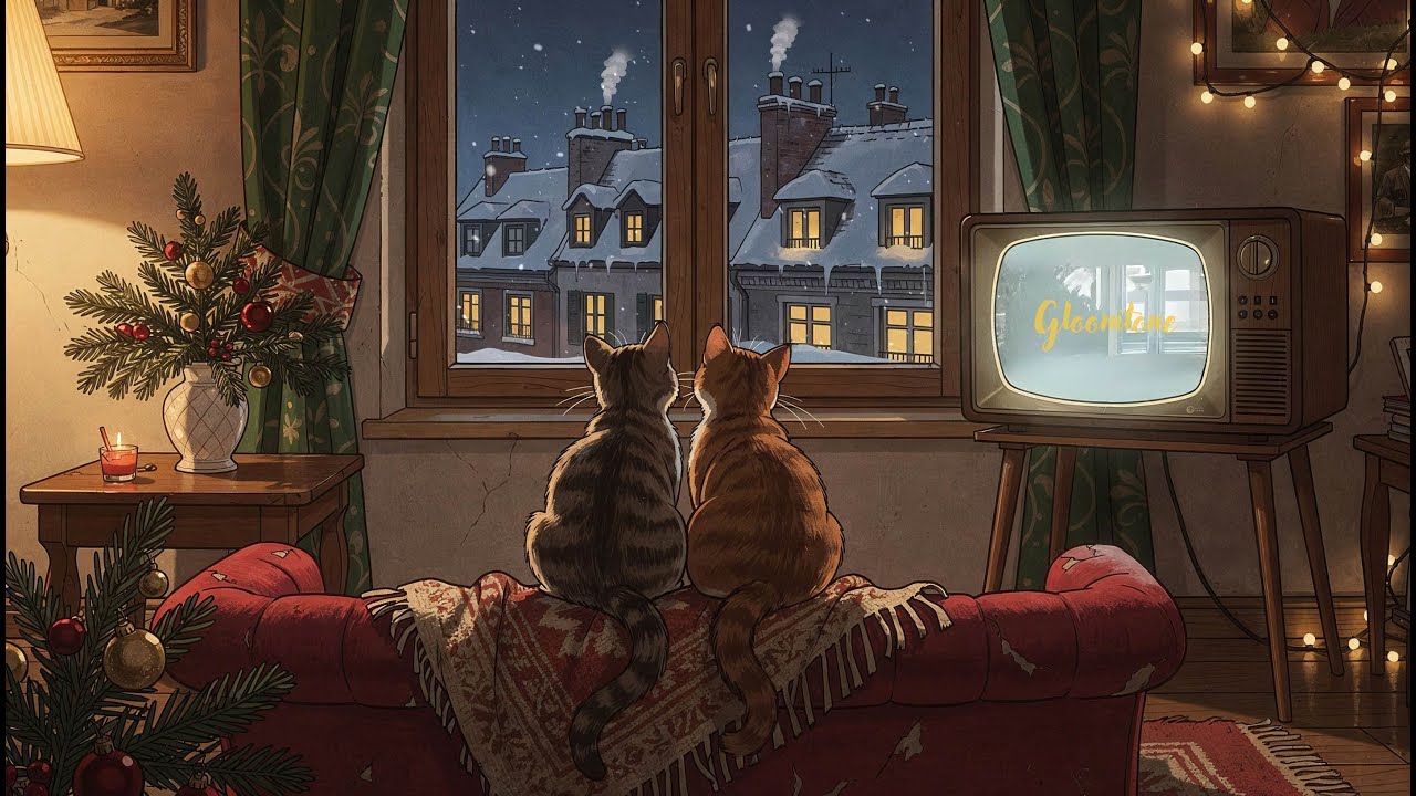 Cozy Snowy Night with Cats & Old Vinyl Records