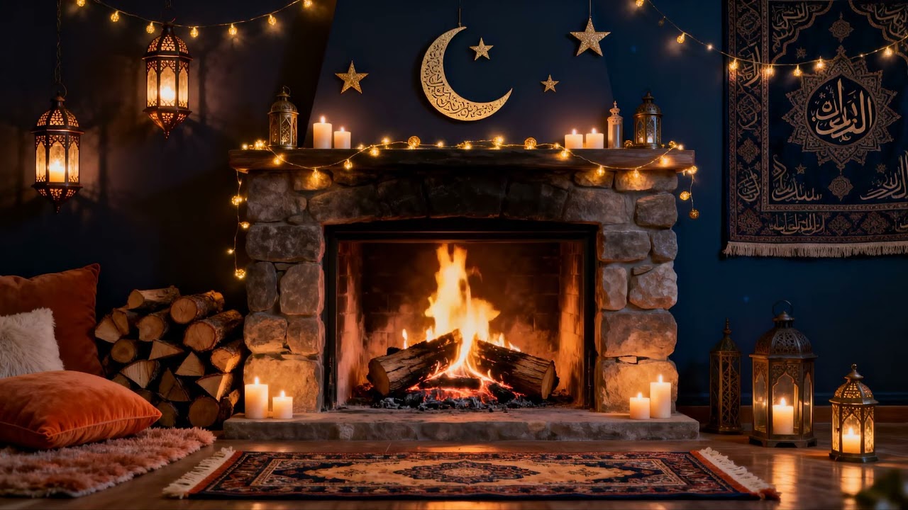 12H Ramadan Fireplace 4K 🌙 Ramadan Kareem | Warm Lantern Glow & Crackling Fire (No Music)
