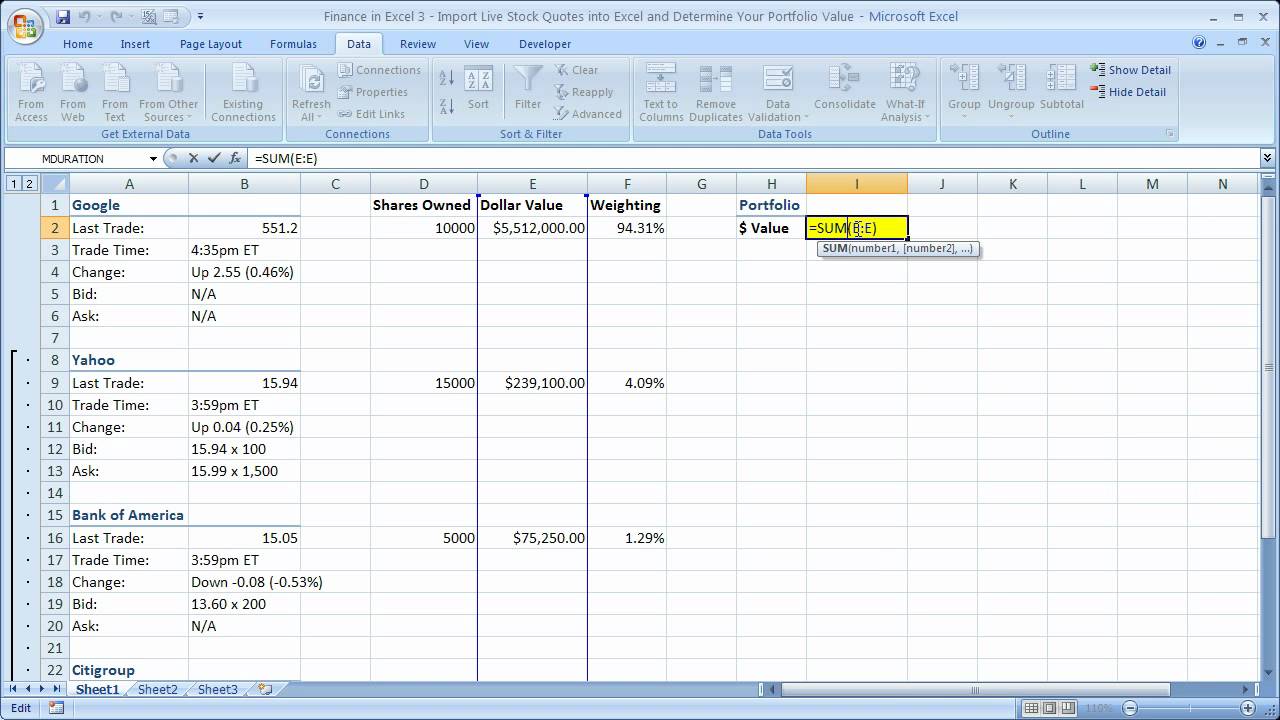 Finance in Excel 3 - Determine Your Portfolio Value in Excel Using Live Stock Quotes