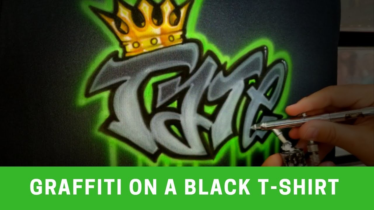 Graffiti name airbrushed on a black t-shirt
