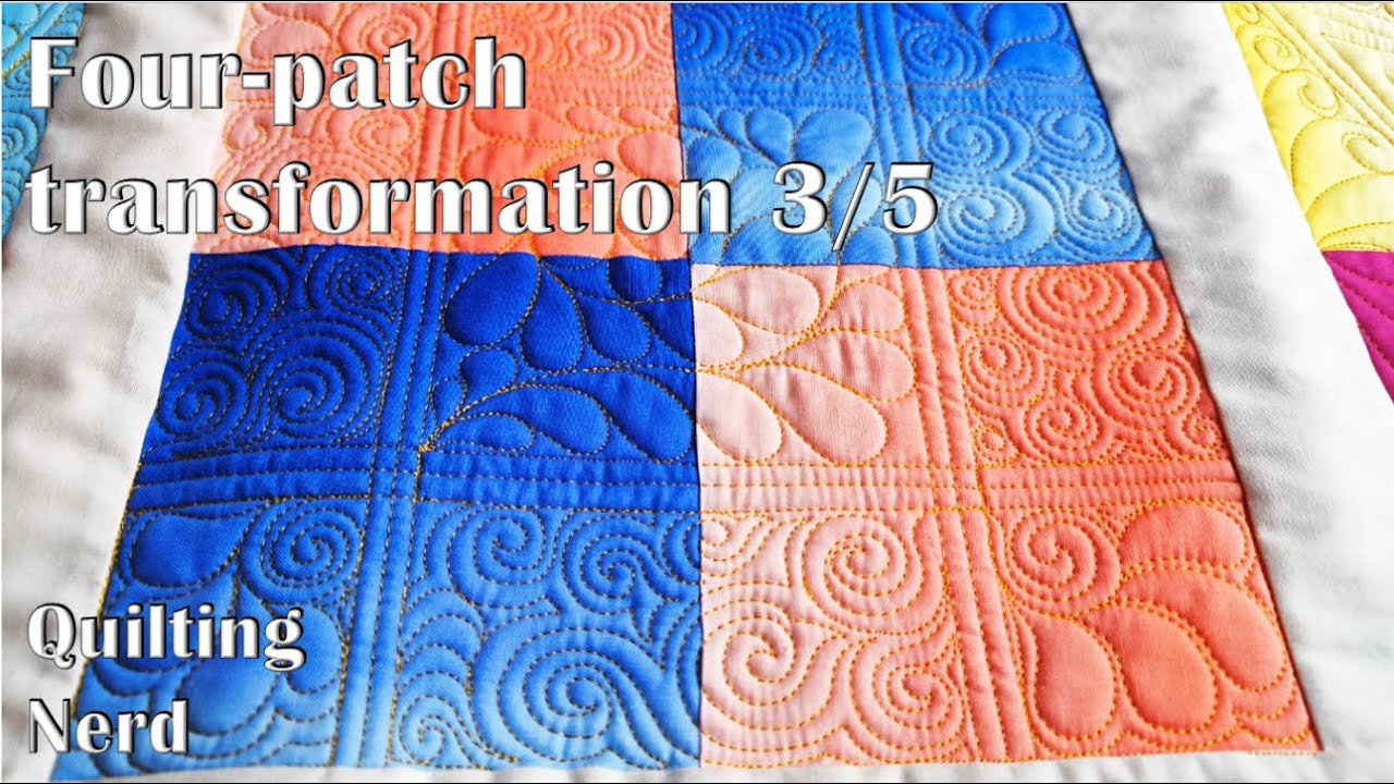 Quilted transformation of scrappy four patch block – free motion quilting of 4-patch block 3/5