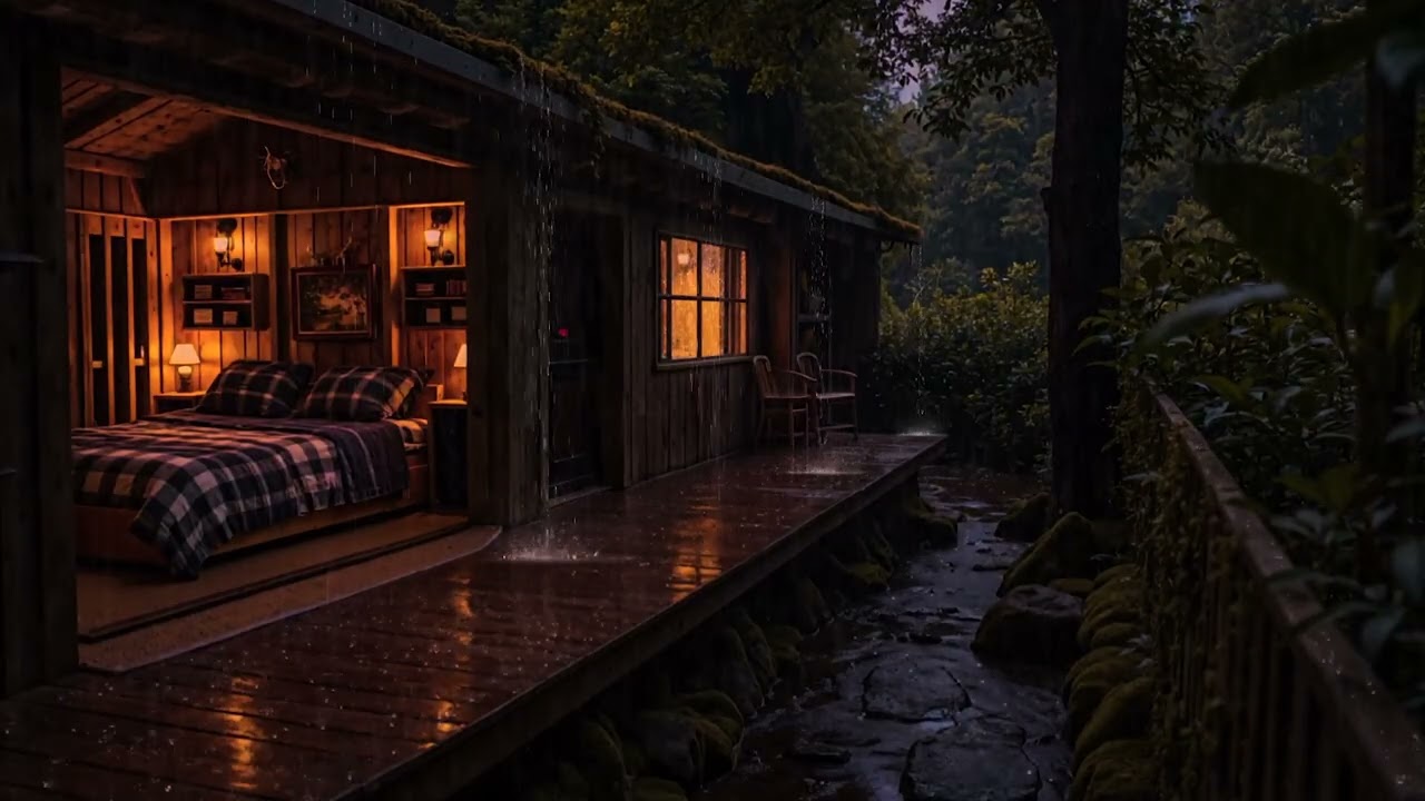 8 Hours Heavy Rain & Thunder in a Remote Cabin ⛈ Forest Sounds for Sleep ⚡