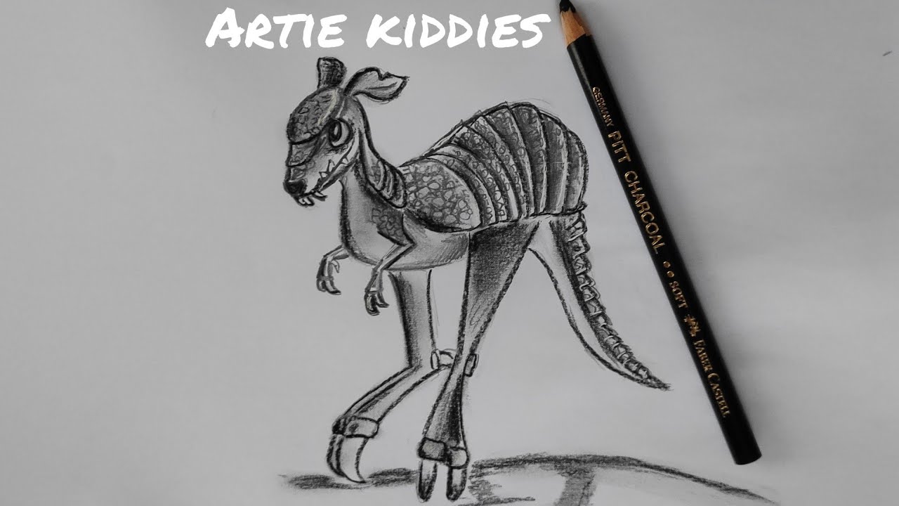 cartoon dragon kangaroo drawing with charcoal and pencil, funny art illustration