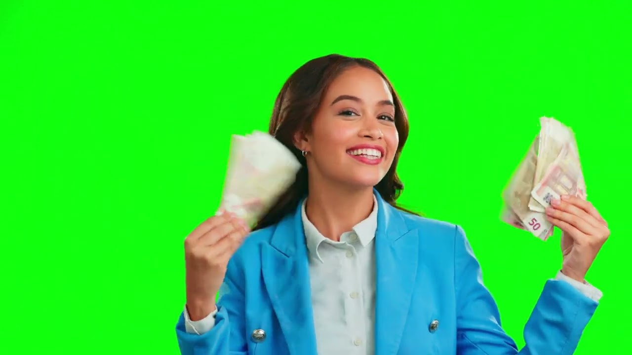 Happy Woman, Green Screen And Money Fan | 4k Green Screen Background | No Copyright | Copyright Free