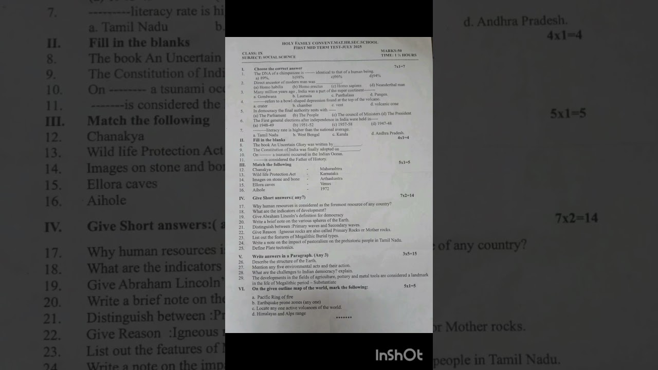 9th Std Social science First mid term test question paper