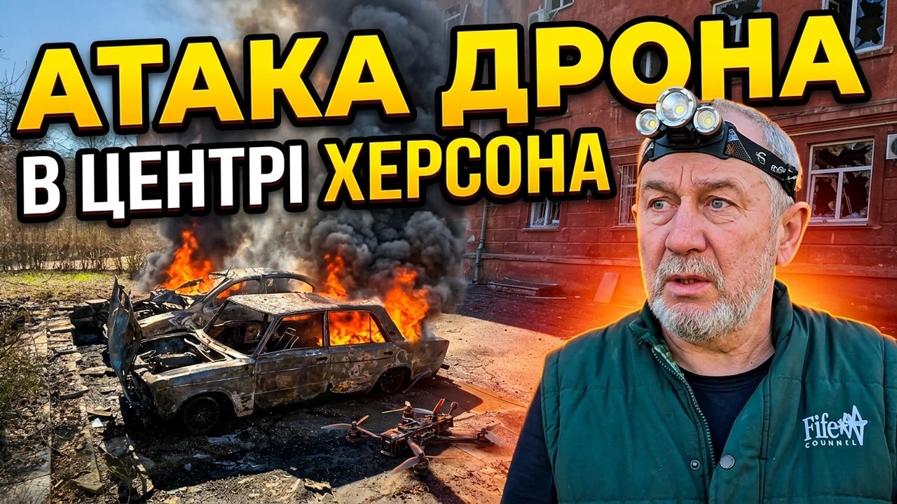 Наслідки атаки російського дрона у центрі Херсона 10.03.2026