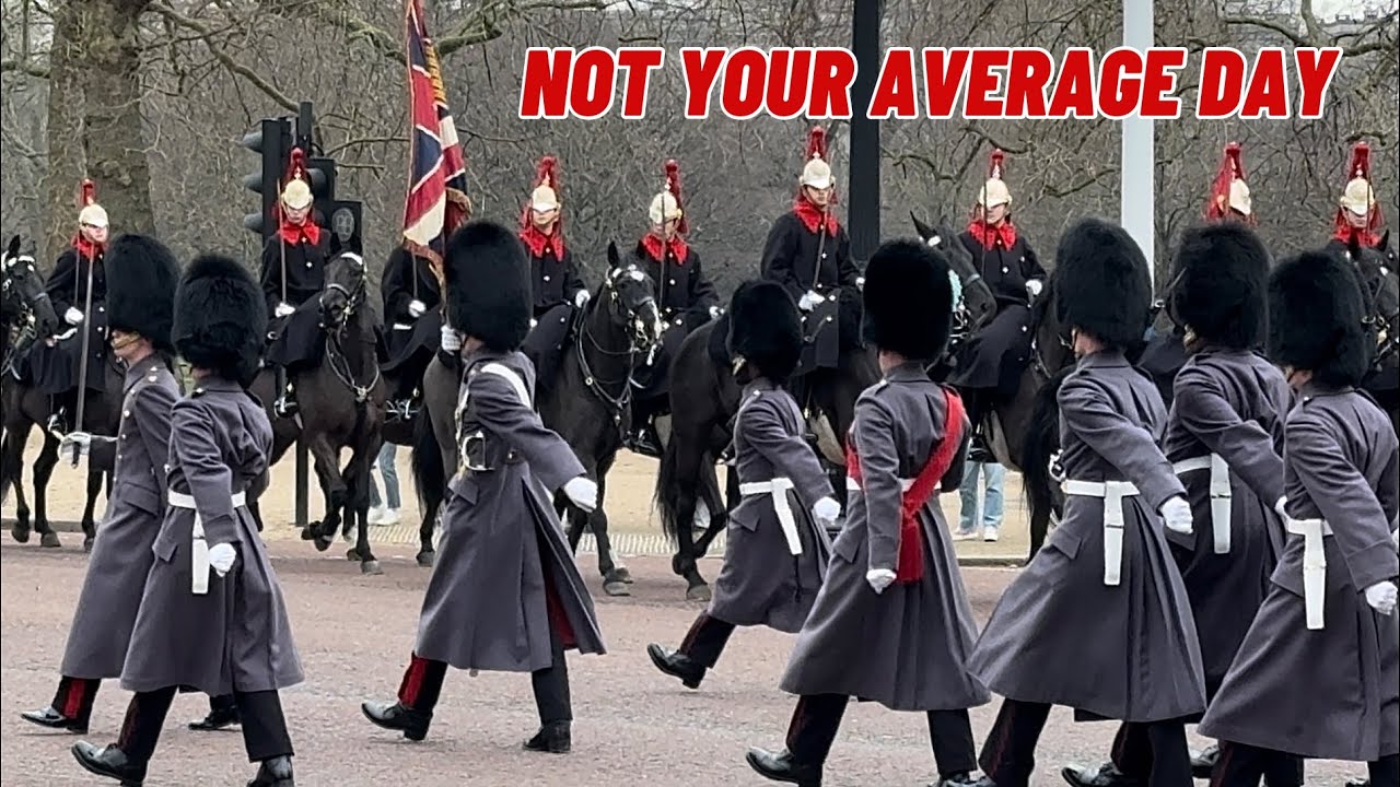 An incredibly rare crossing of the King's Guard & Blues and Royals on Horses