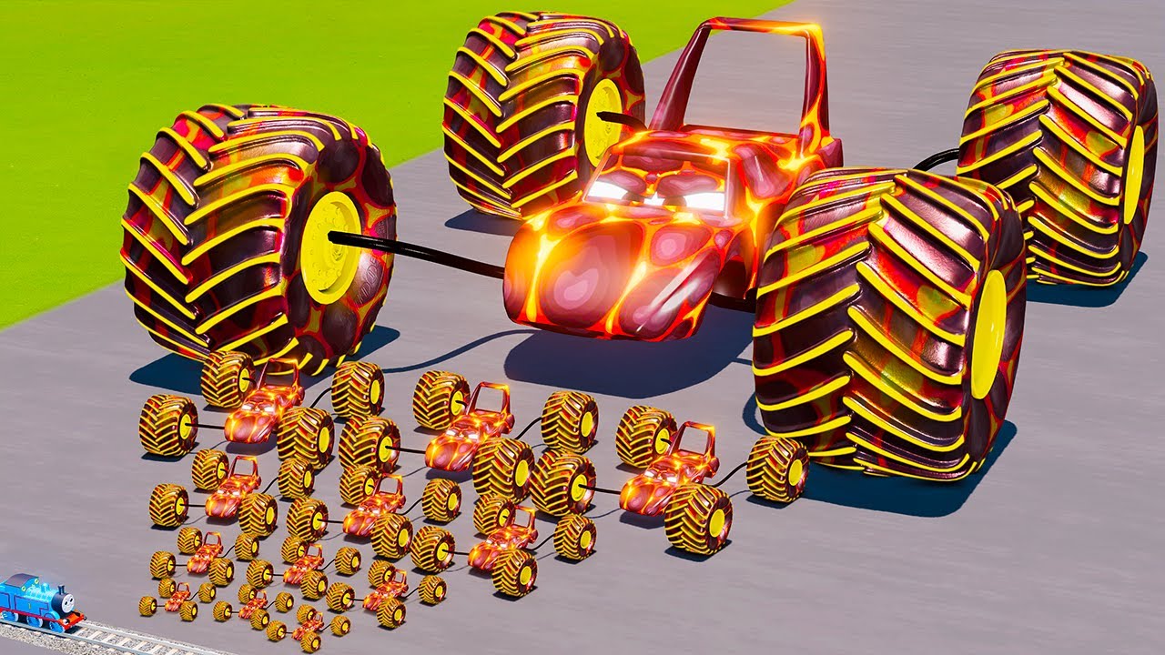 Big & Small Spider Lava Dinoco King Glow Stripes Monster Truck Mcqueen vs Thomas Trains BeamNG.drive