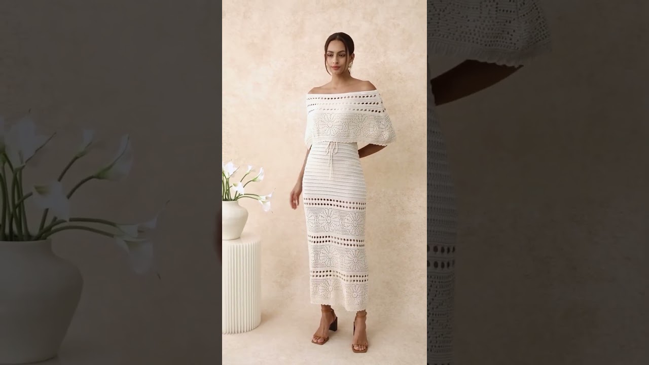 Off-Shoulder Open-Knit Crochet Twinset Dress in Sand