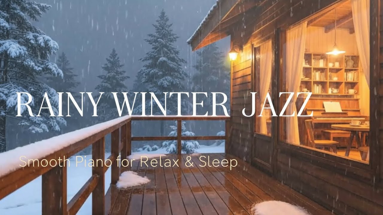 Winter Jazz Café at Night ❄️☕ | Rain & Snow Piano Ambience for Sleep