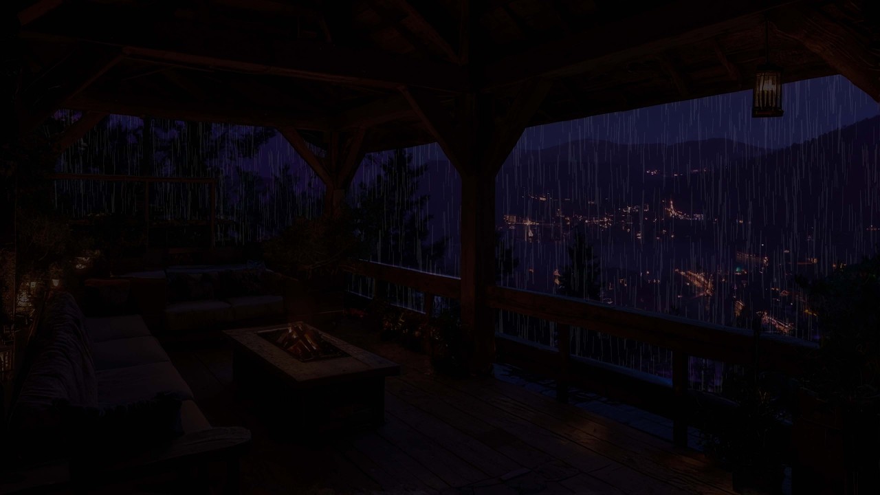 Soft Piano on a Rainy Mountain Terrace 🌧 Deep Sleep with Fireplace Ambience for Sleep