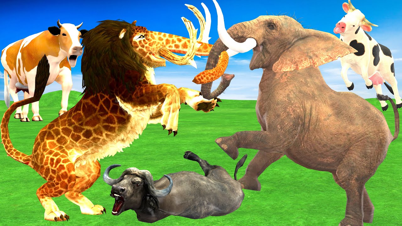 Giant Lion Mammoth Attacks Mini Cow Cartoon, Buffalo Saved By African Elephant Vs Monster Lion