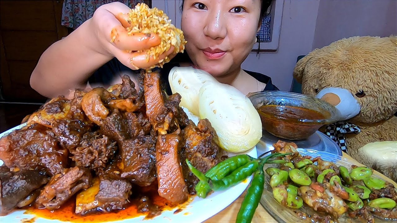 Spicy Red Beef/ Buff Meat And Innards Mixed Curry, Stink Bean Chutney, Boil Cabbage And Rice Mukbang