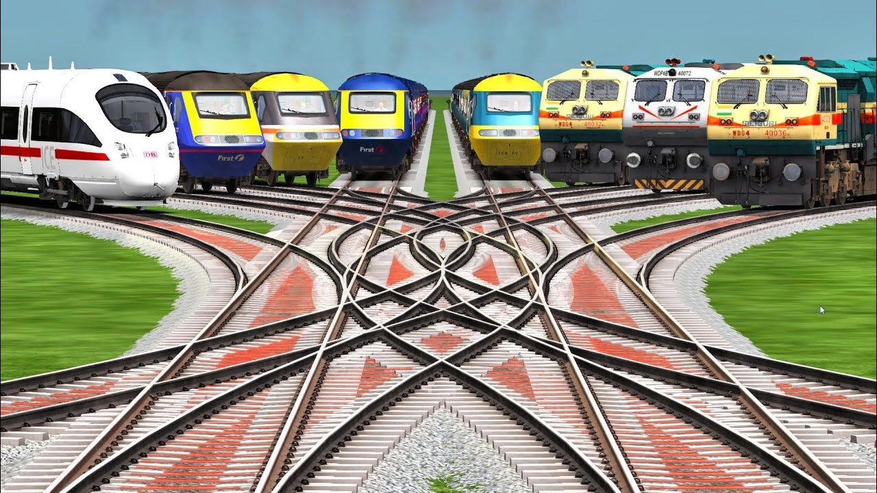 Eight Trains Passing on Curved Railroad Junction | Train Simulator Game