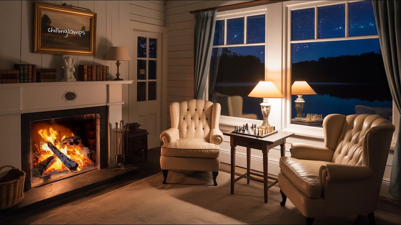 🎧 White Wooden Cabin by the Lake ASMR | Fireplace, Chess & Sounds of Nature | Relaxation, Sleep