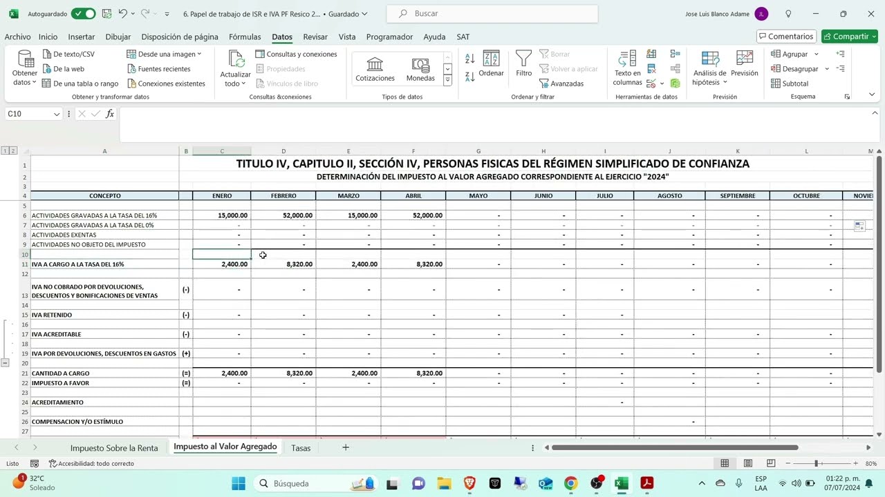 Como calcular ISR e IVA en RESICO Persona física (papel de trabajo)