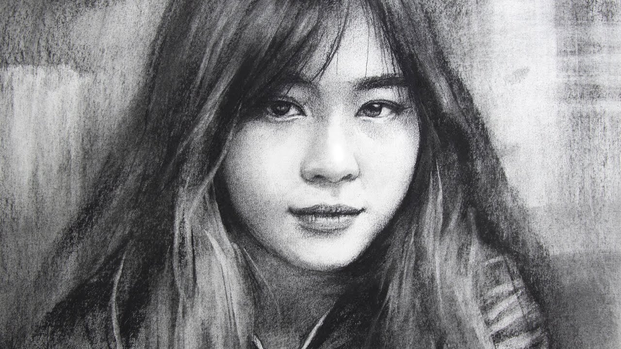 Charcoal drawing of a girl step by step