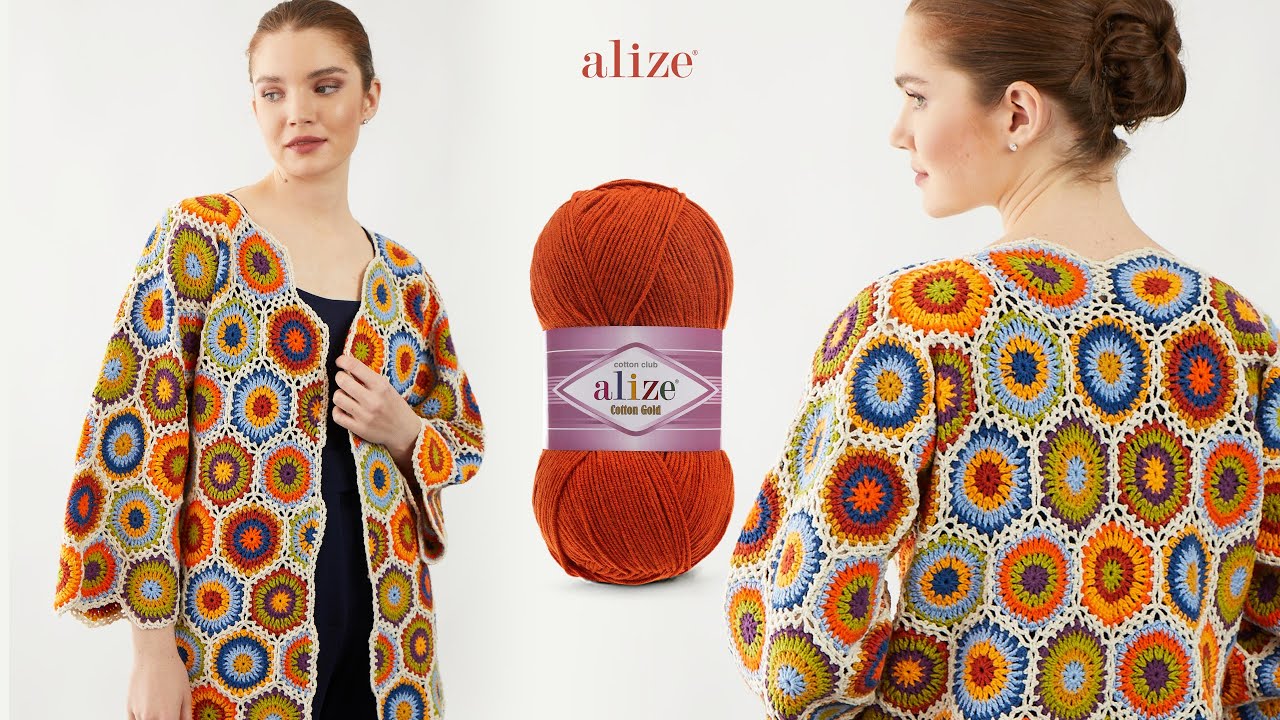 Весенний кардиган с мотивом шестиугольника и пряжей Alize Cotton Gold
