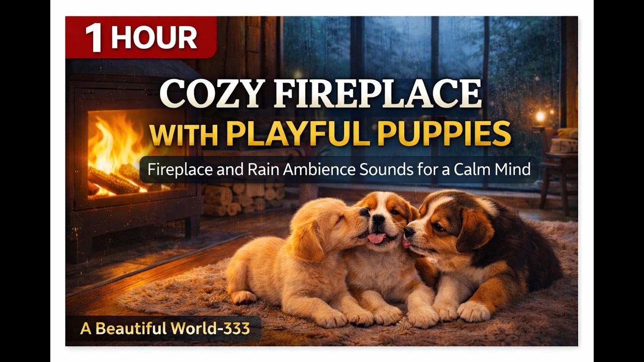 1 Hour Cozy Fireplace Puppies 🐶 Warm Relaxing Ambience for Stress Relief & Calm