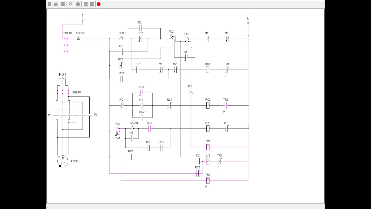 Diagrama de Control (Mando) y Fuerza para un ascensor con contactores, relevadores y temporizadores.