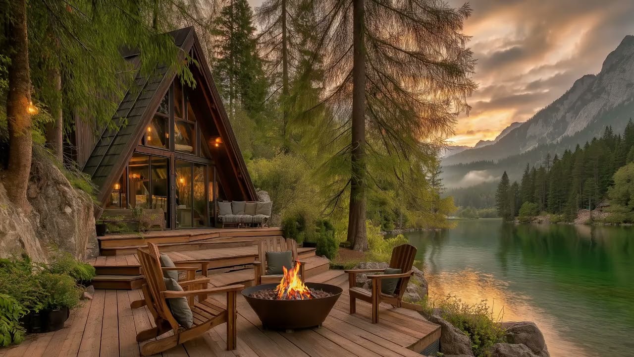 Relaxing LakeSide Cabin Ambience | Fire Crackling, Birds Singing & Calm Water Sounds