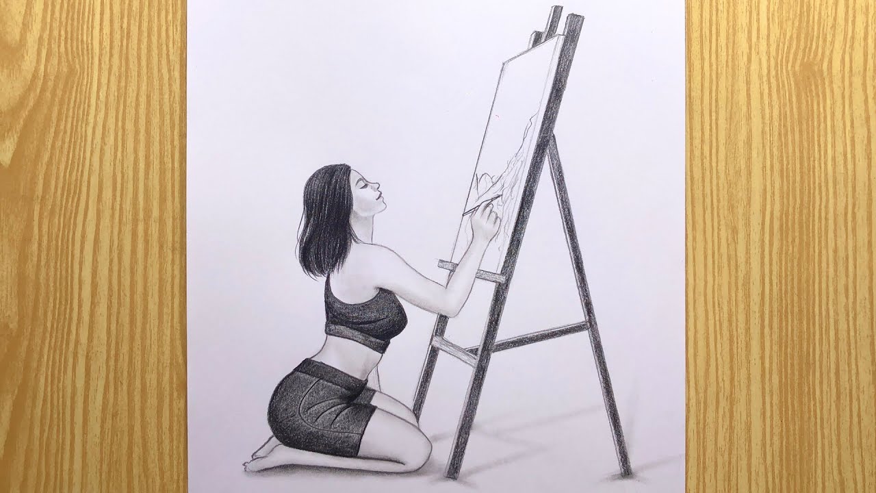 How to Draw of a Girl Drawing on a Canvas | How to draw a Girl Painting | Pencil Sketch