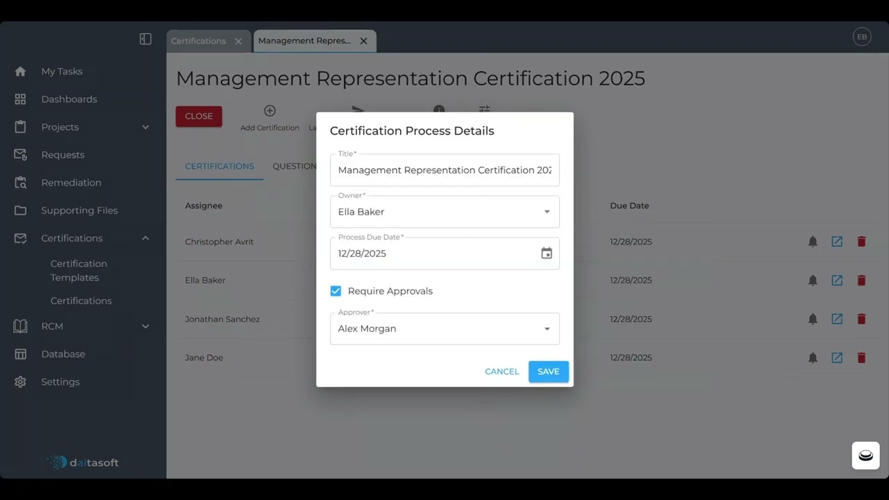 daitaGRC Training 7.3 - Create a Custom Certification Process from a Template