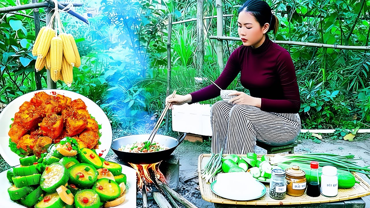 Countryside Life: Stir-Fried Tofu with Green Onions & Fresh Luffa Stir-Fry | Relaxing Cooking Sounds