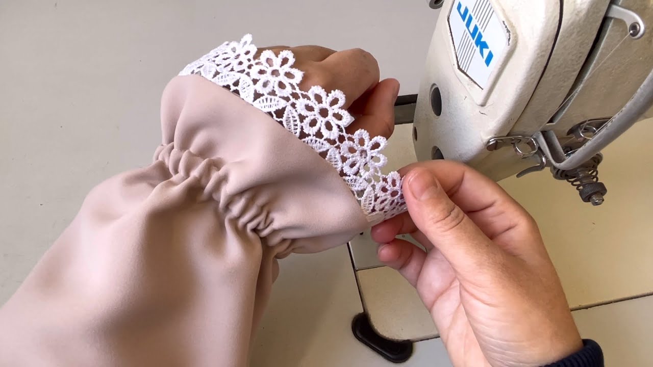 طريقة خياطة الكم بالدونتيل ولاستيك لفستان أو عباية... How to sew a sleeve with lace and elastic