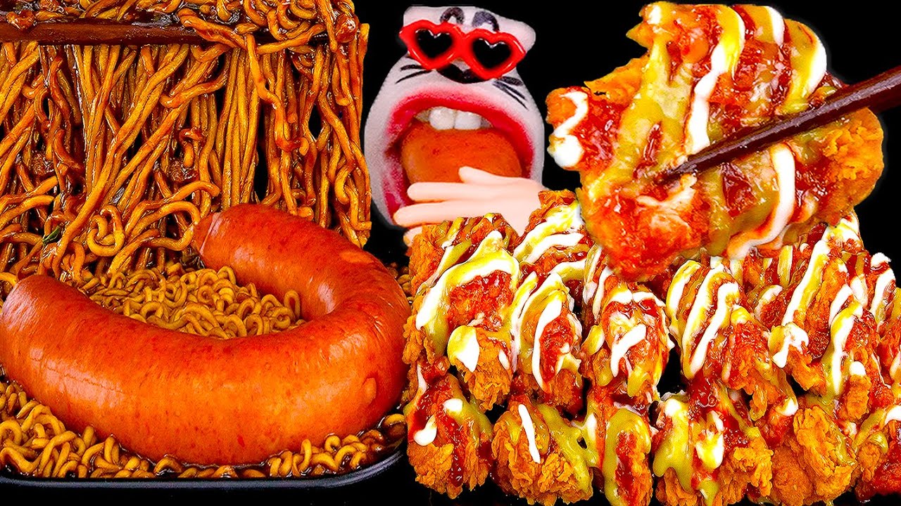 Nacho Taco Chicken & Kielbasa Black Bean Noodles! | REALMOUTH's ASMR MUKBANG