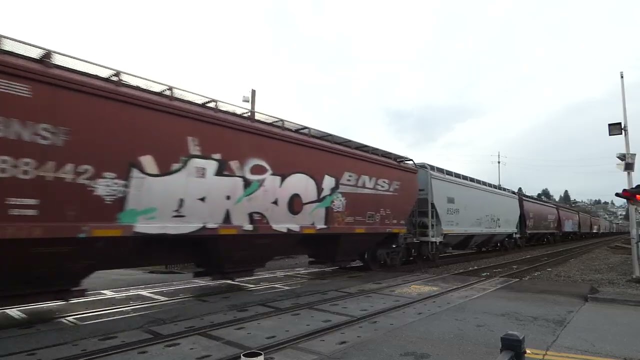 (Northbound) BNSF Loaded / Empty Grain Train passes through the McCarver Street Railroad Crossing.