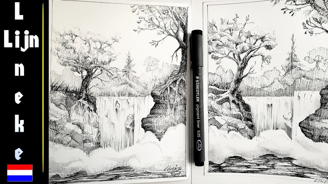 Waterval tekenen met inkt - Staedtler fineliner tekening