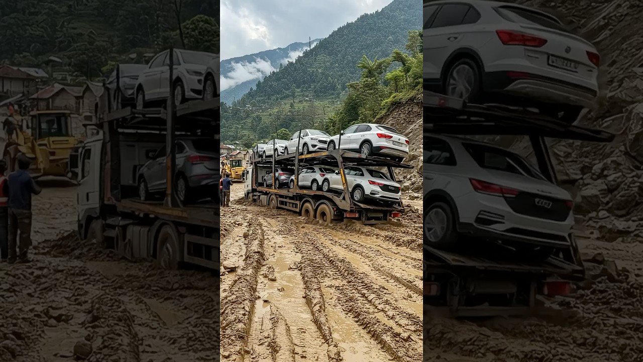 🚨 Car Transporter Disaster! Loaded Truck Stuck Deep in Mountain Mud Road 🚛 #shortvideo#truck