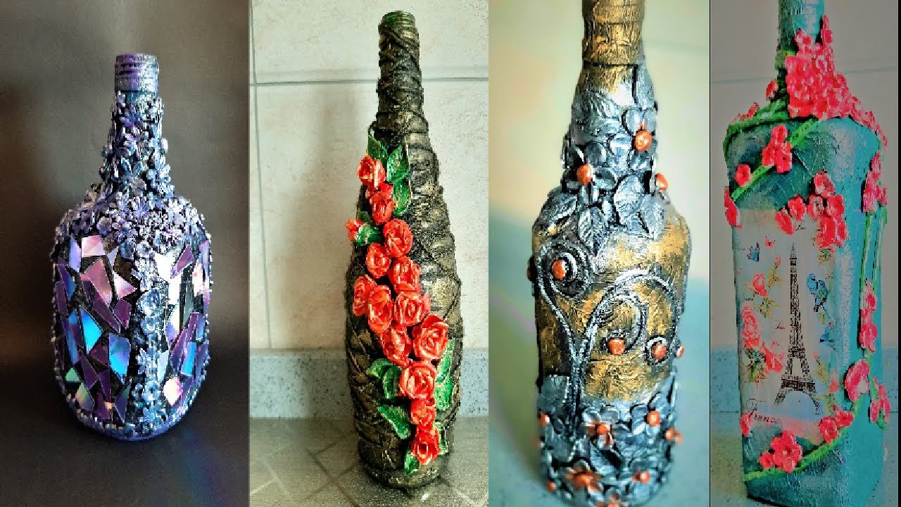 Amazing 4 Clay Art Ideas On Glass Bottle | Clay Art | Wine Bottle | Recycled Bottle | Altered Bottle