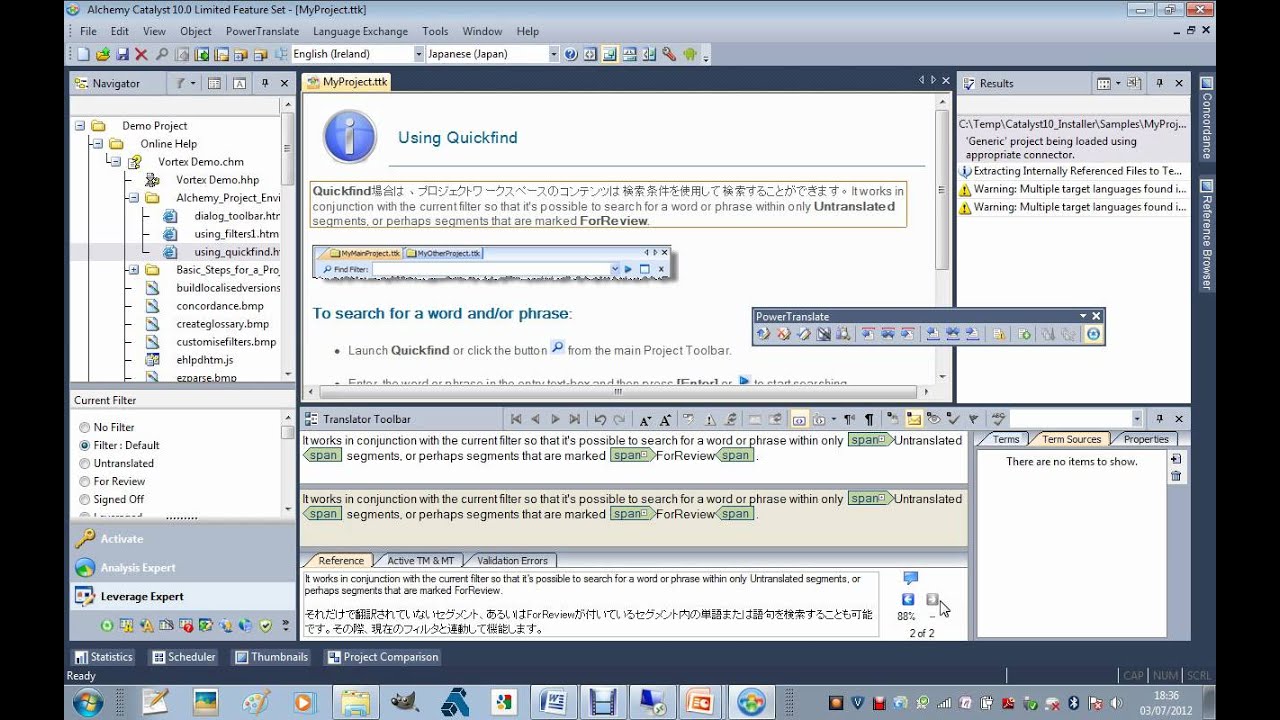 Evaluating CATALYST10:  2. User Interface, TM and MT