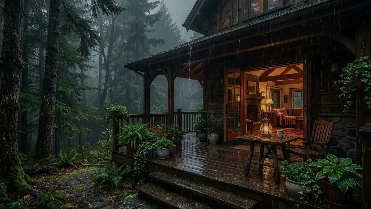 Heavy Tropical Rain ⛈️ Pouring Outside A Jungle Cabin While Tall Palm Trees 🌴 Sway In Wind