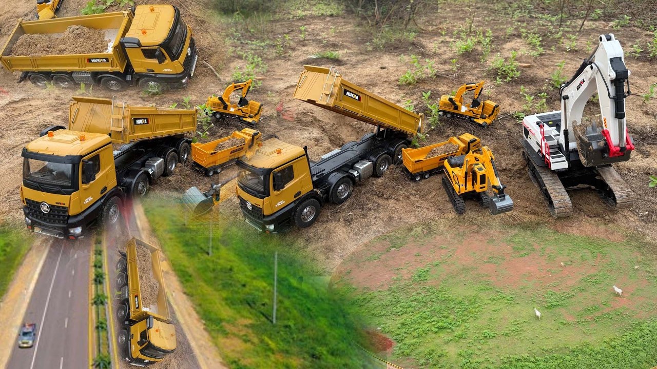 The RC team is building a project using machinery such as Excavator Huina1594& Dump Trucks2026