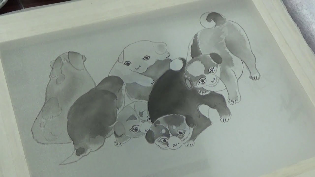 ｻｸﾗｱｰﾄｻﾛﾝ大阪「絹に描く　裏彩色+金箔で楽しむ表現 －『若冲』の〔百犬図〕部分模写－」