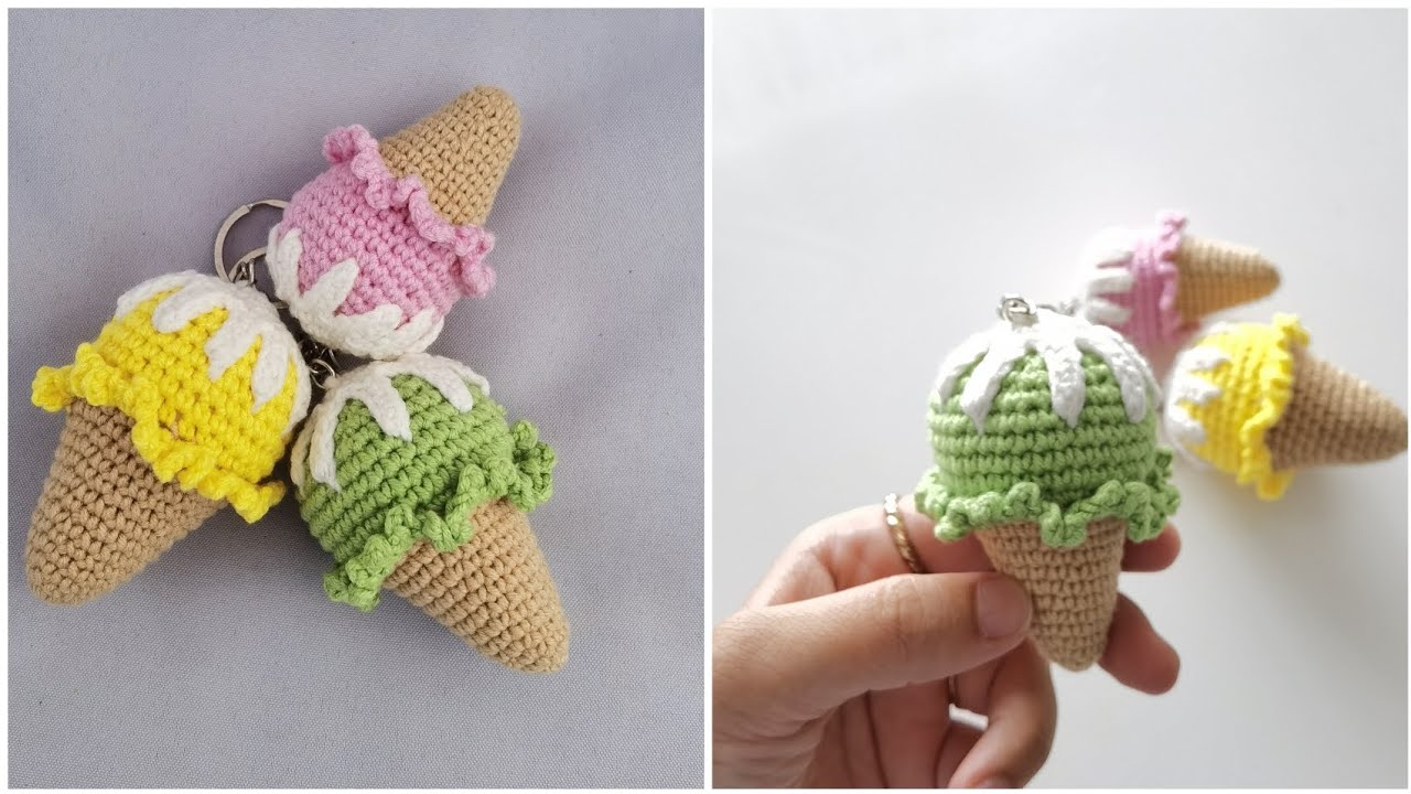 Tığ işi Dondurma anahtarlık örüyoruz.How to crochet a mini ice-cream cone keychain Amigurumi pattern