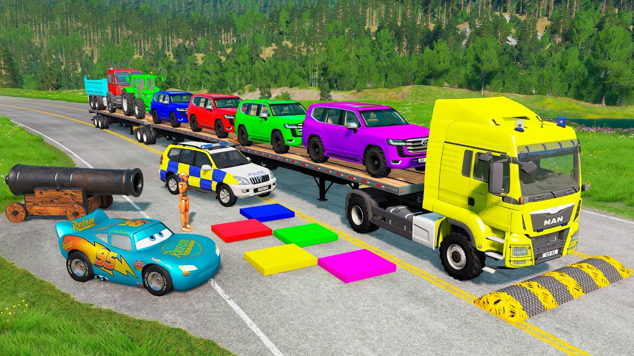 Flatbed Trailer McQueen Transportation with Truck - Speedbumps vs Cars vs Train - BeamNG.Drive #197