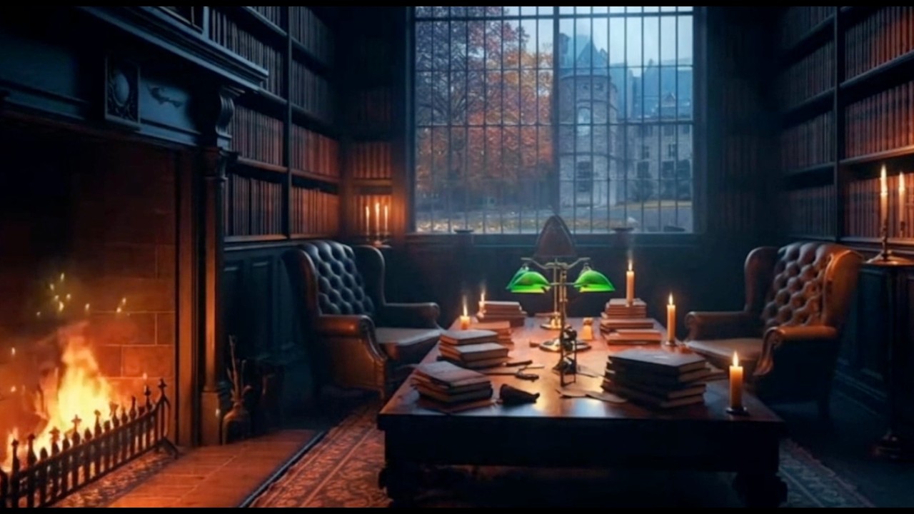 Whisper Place: Dark Academia Library with Crackling Fireplace Ambience & Music