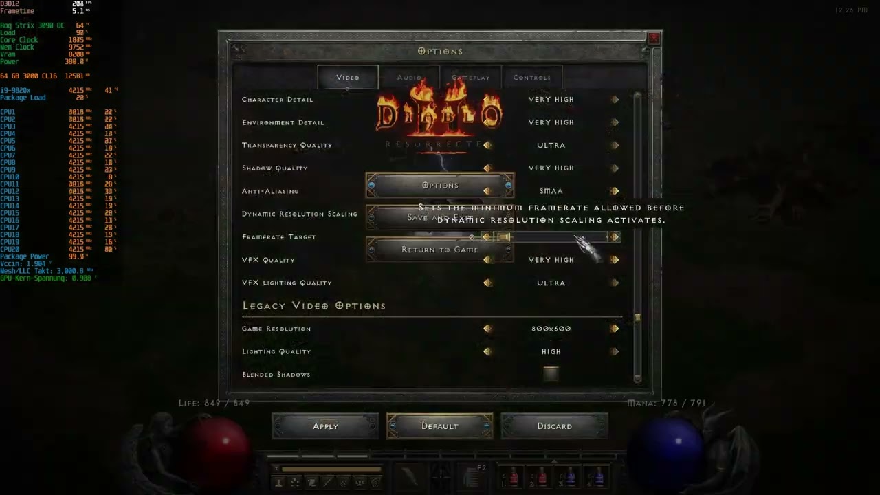 Diablo 2 Resurrected | 1440p | Ultra Settings / AA on-off | i9-9820x | RTX 3090 |