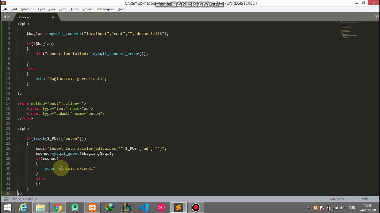 PHP ile MYSQL Veritabanı Bağlantısı ve Insert Into ile veri ekleme